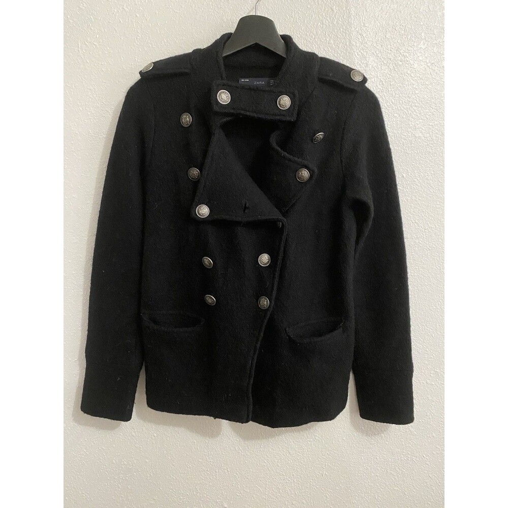 Zara Women’s Black Wool Pea Coat S With Button Details Military Style